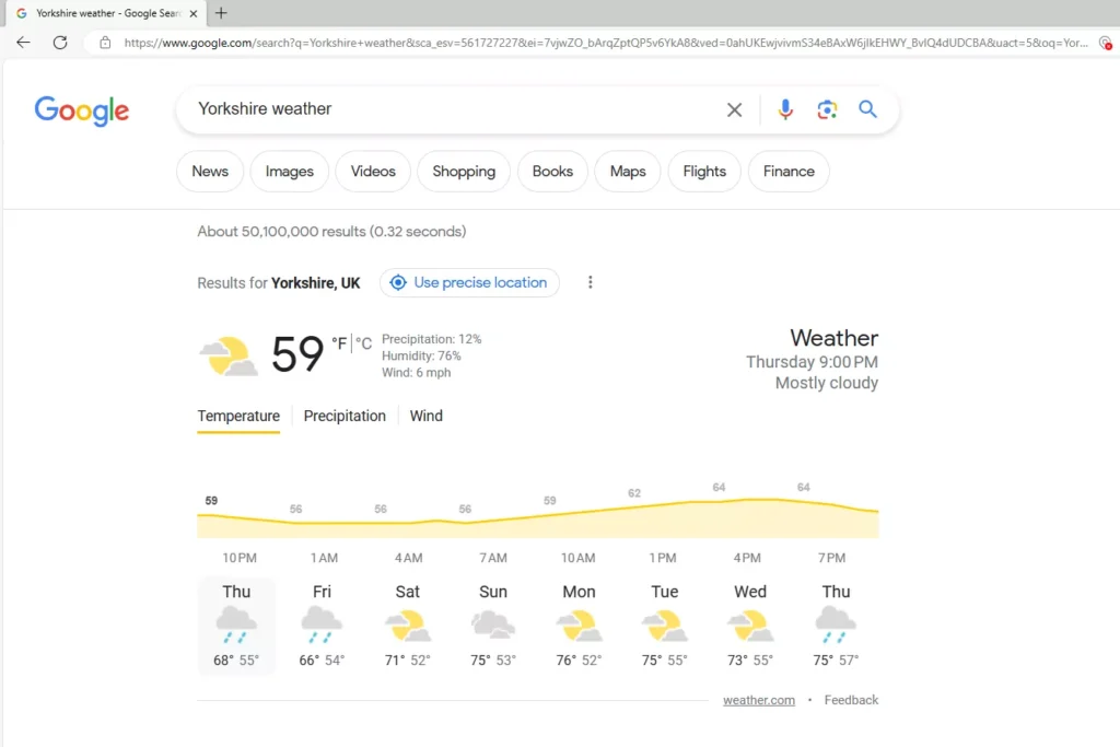 جستجوی آب و هوا در گوگل