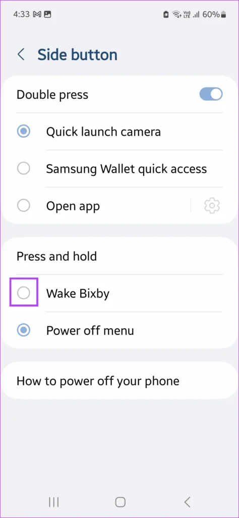 قسمت Press and hold بروید و گزینه Wake Bixby را انتخاب کنید