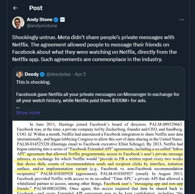 اندی استون، مدیر ارتباطات متا، در پروفایل X (توئیتر سابق) خود توضیح داد فیس بوک نتفلیکس