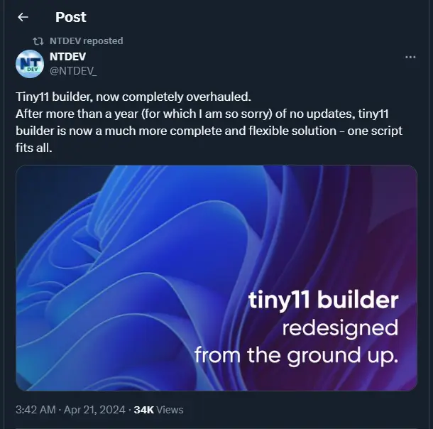 به گفته توسعه‌دهنده، @NTDEV_ در X ، بهبود در Tiny11 Builder به‌لطف قابلیت‌های اسکریپت‌نویسی بهتر PowerShell امکان‌پذیر شد