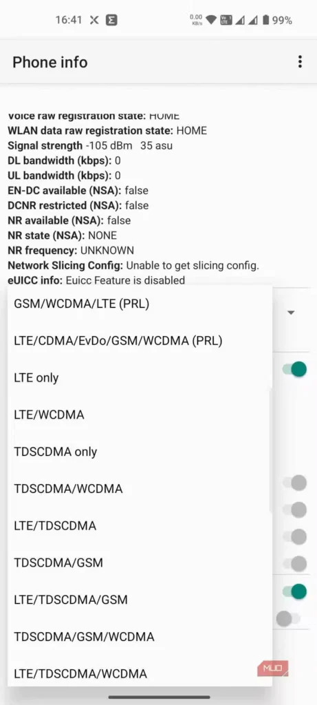 صفحه اندروید دادههای فنی درباره SIM